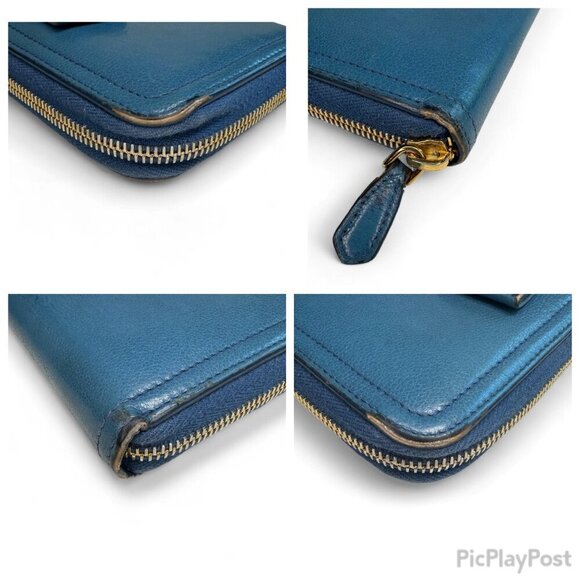 Women's Prada Saffiano Fiocco Leather Long Blue Zippered Ribbon Wallet - Picture 7 of 16